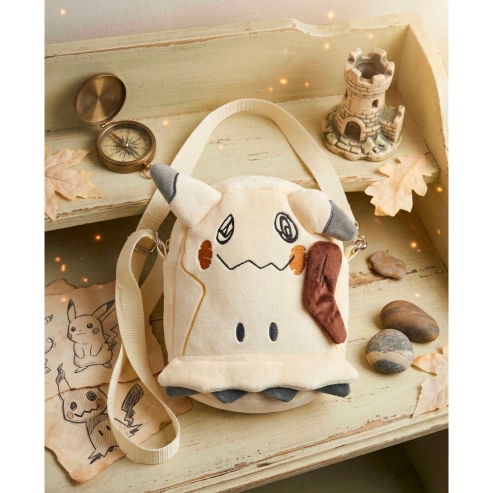 New Pokémon Mimikyu Plush Crossbody Bag Clear Phone Pocket Cream